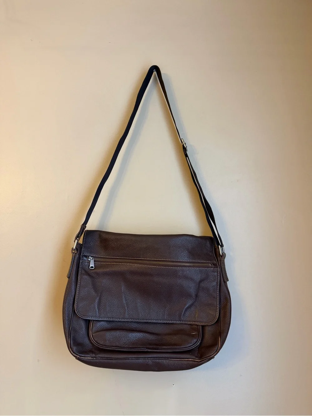 FOSSIL Mens Brown Pebbled Leather Messenger Crossbody Bag Laptop Distressed